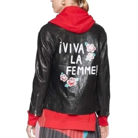 Joie Black Leather Moto Jacket Viva La Femme Graphic Print New Size S